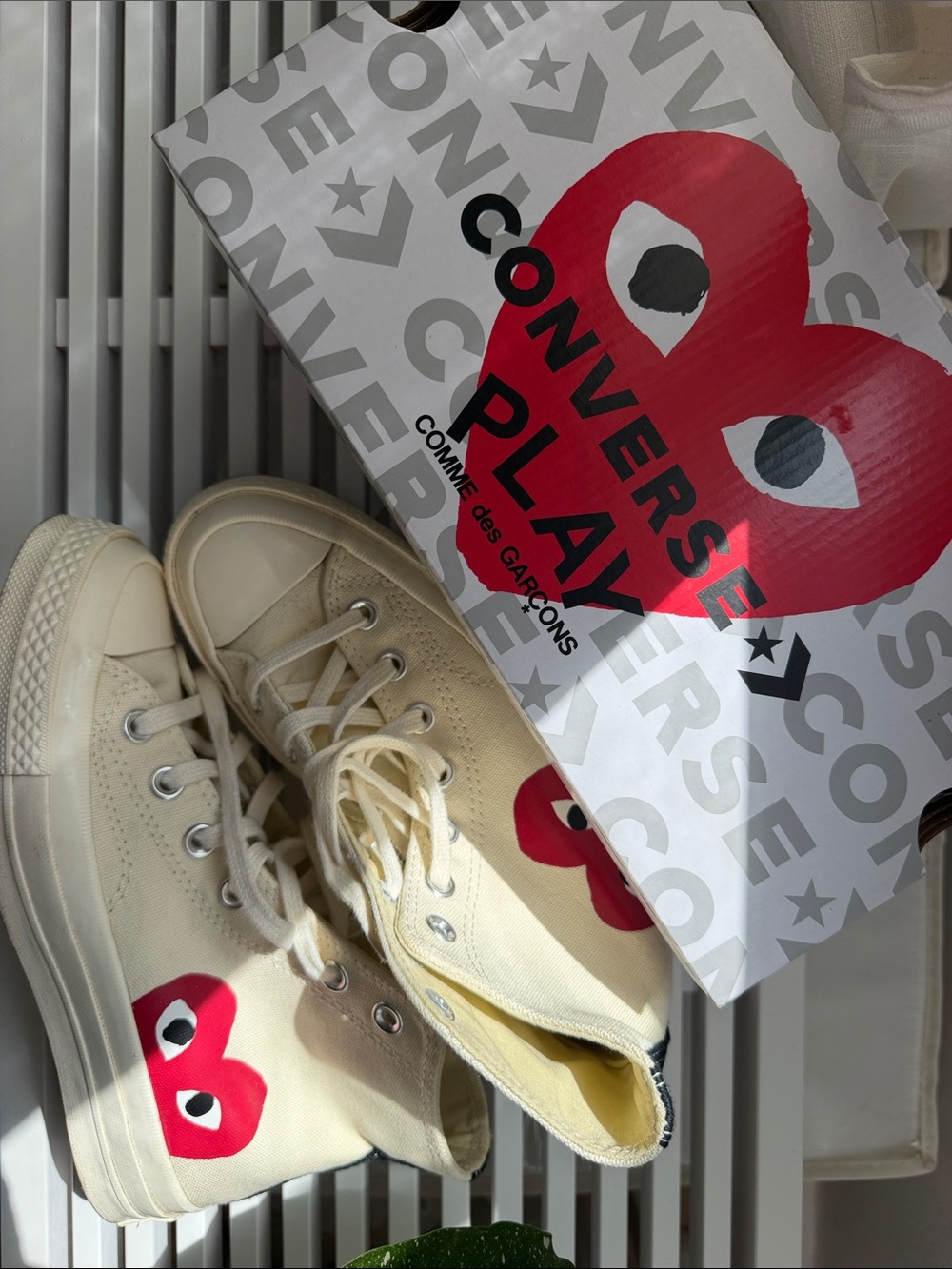Converse PLAY COMME des GARÇONS High-Top Sneakers in Cream with Red Heart